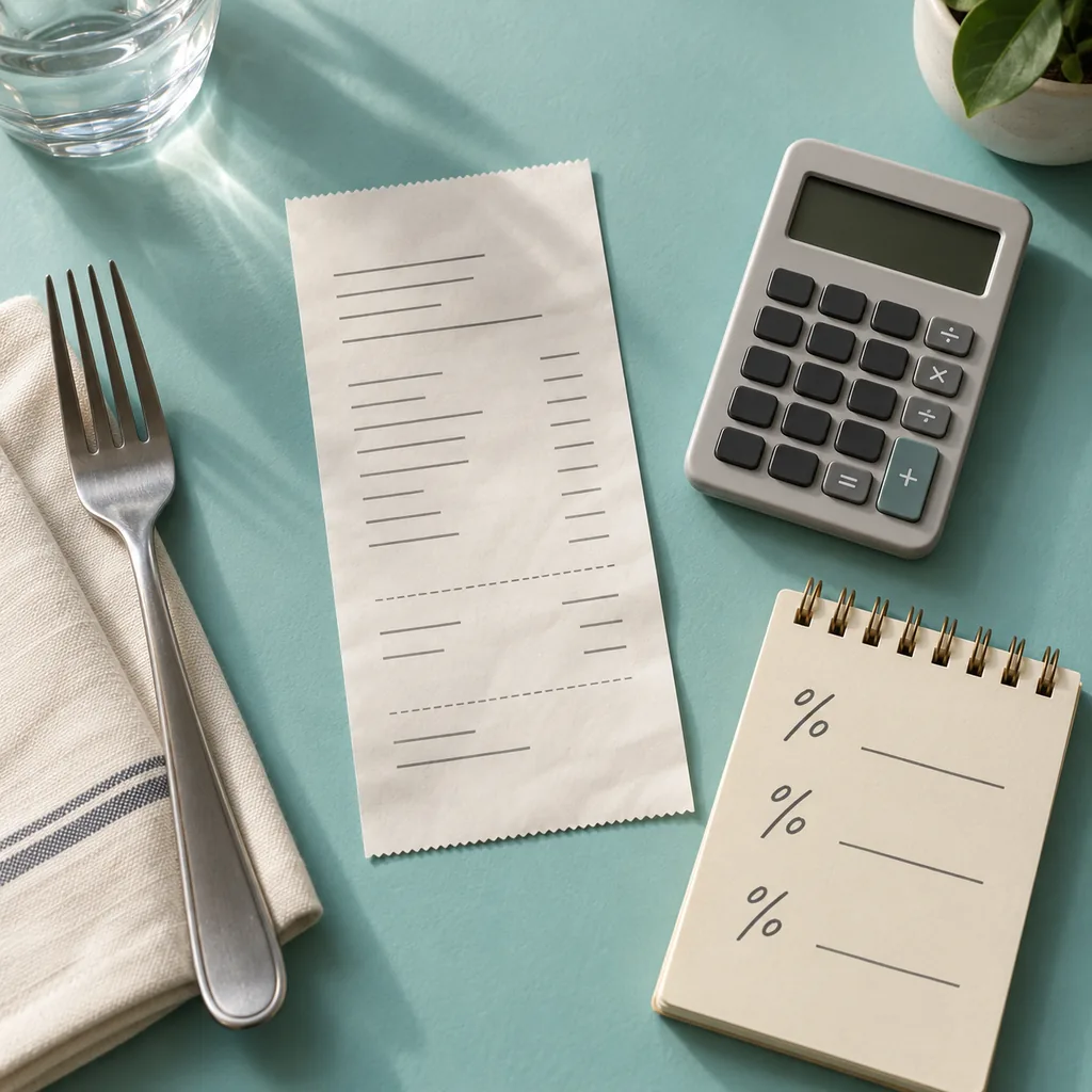 Restaurantbeleg, Taschenrechner, Gabel und Prozentnotizen auf einem hellgrünen Tisch