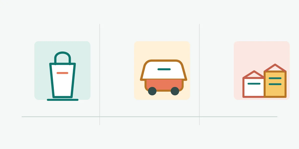 Three illustrated pickup contexts: a ready takeout bag, a curbside vehicle handoff, and a larger organized order