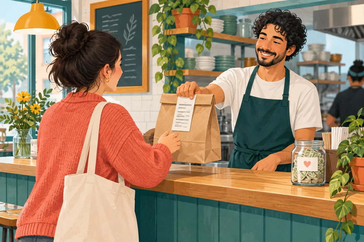 A restaurant worker hands a customer a takeout bag beside a small tip jar at the pickup counter
